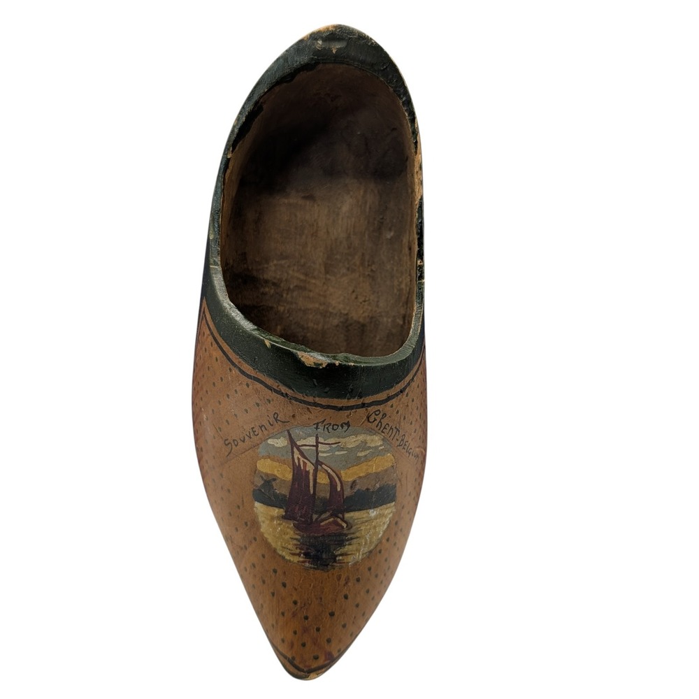 Vintage Dutch Wooden Shoe Clog Sailboat Hand Painted‎ Hand Carved Ghent Belgium